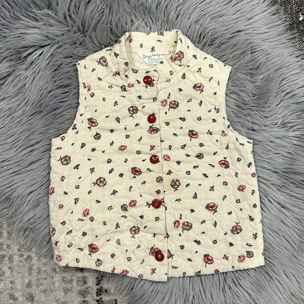 Vintage‎ Health-tex Girls Cream & Floral Quilted Vest W/Red Buttons Size 7